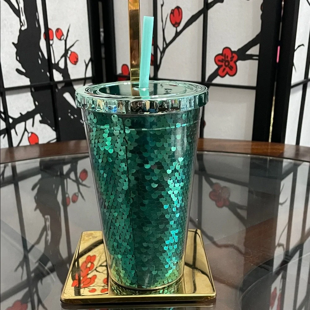 Green Sequin Tumbler with Straw - Sparkling Drink Cup